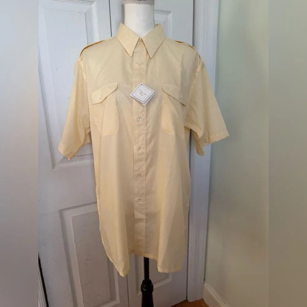 NWT 1970s Christian Dior Canary Yellow with light Polka dot Pattern Button-down